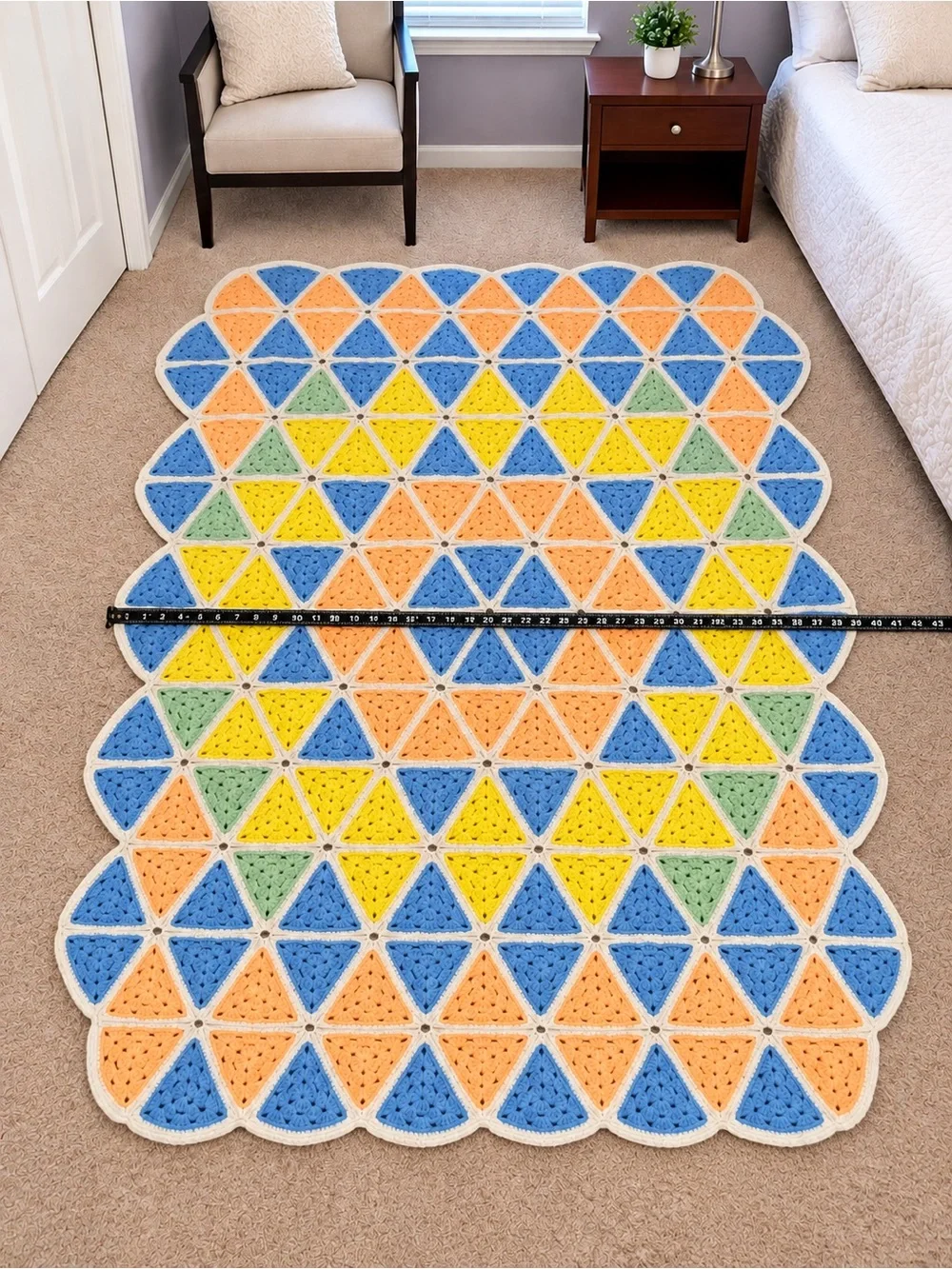 Vintage Handmade Crochet Triangle Afghan Blanket – Blue Yellow Orange Green